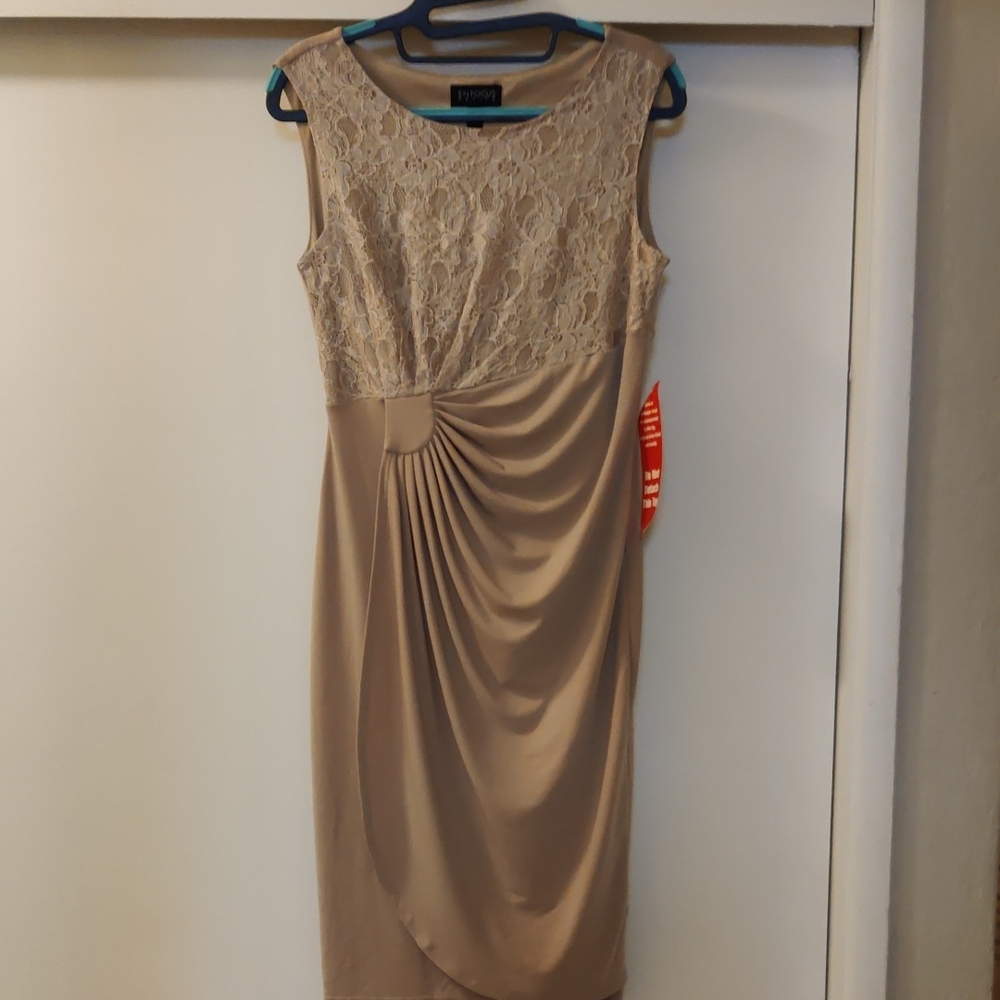 NEW Enfocus Petite Elegant Taupe Sleeveless Midi Dress Lace Stretchy Size 8P